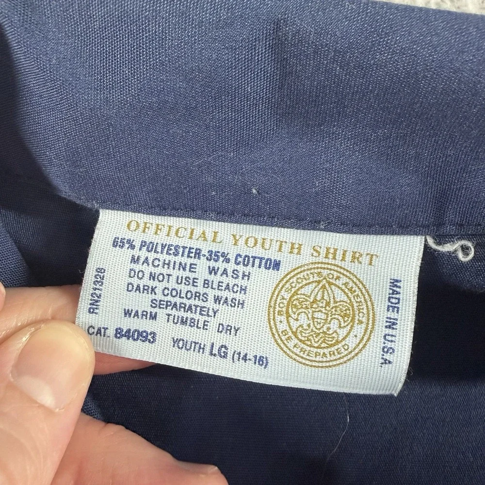 BSA Boy Scouts of America Shirt Youth Large Blue Short Sleeve Patches Made in US